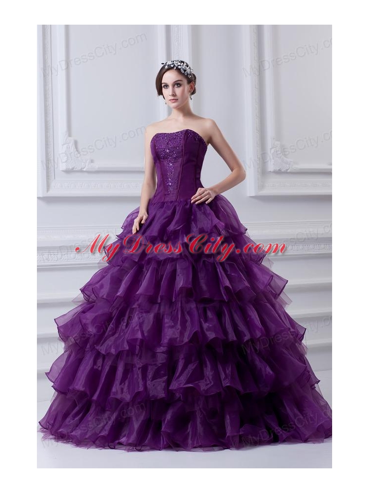 2014 Eggplant Purple Strapless Ball Gown Beading and Embroidery Quinceanera Dress