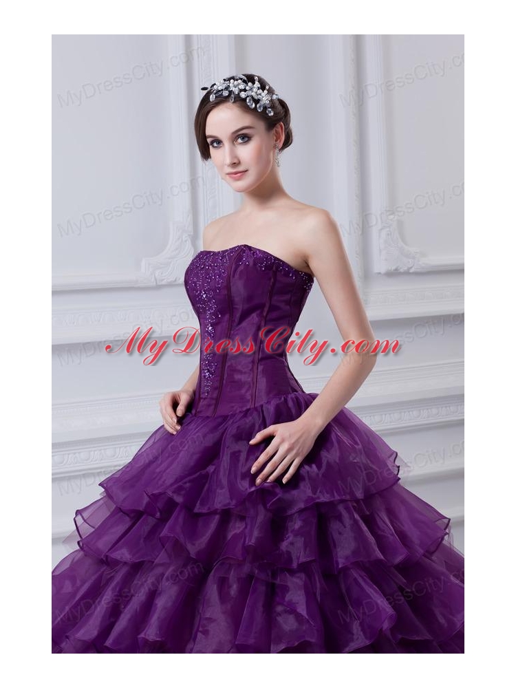 2014 Eggplant Purple Strapless Ball Gown Beading and Embroidery Quinceanera Dress
