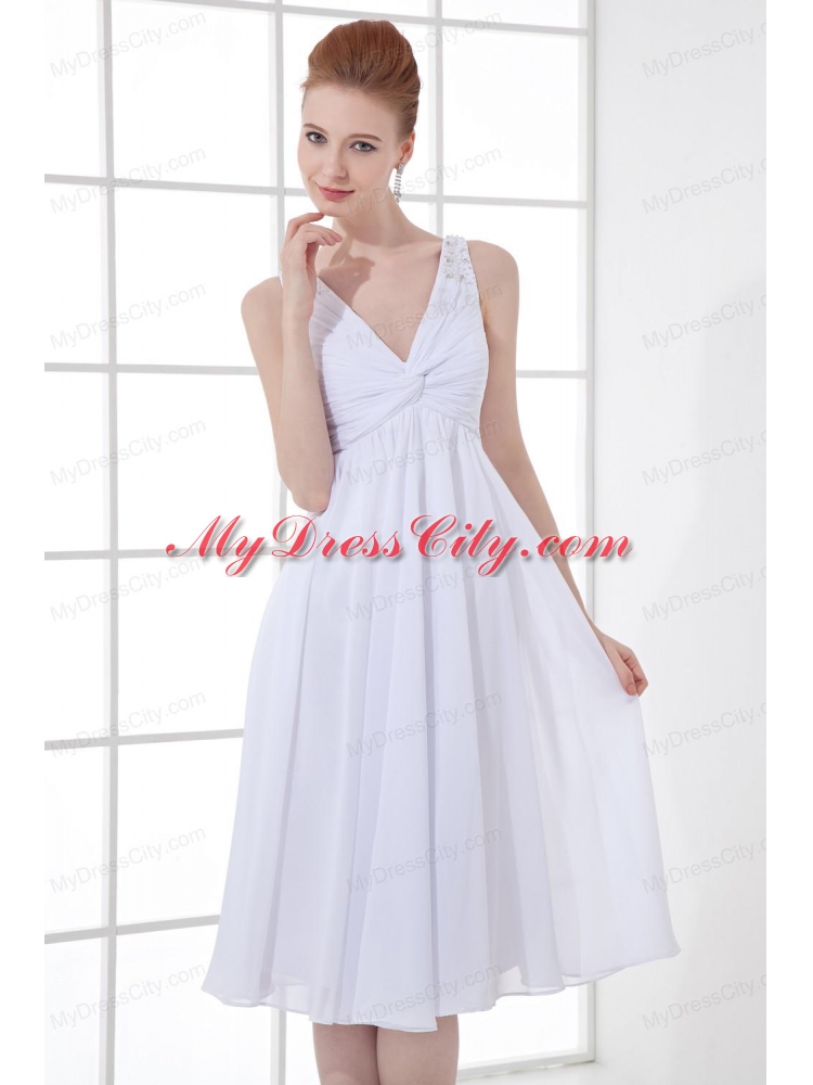 2014 Spring A-line V-neck Knee-length Chiffon Wedding Dress with Ruching