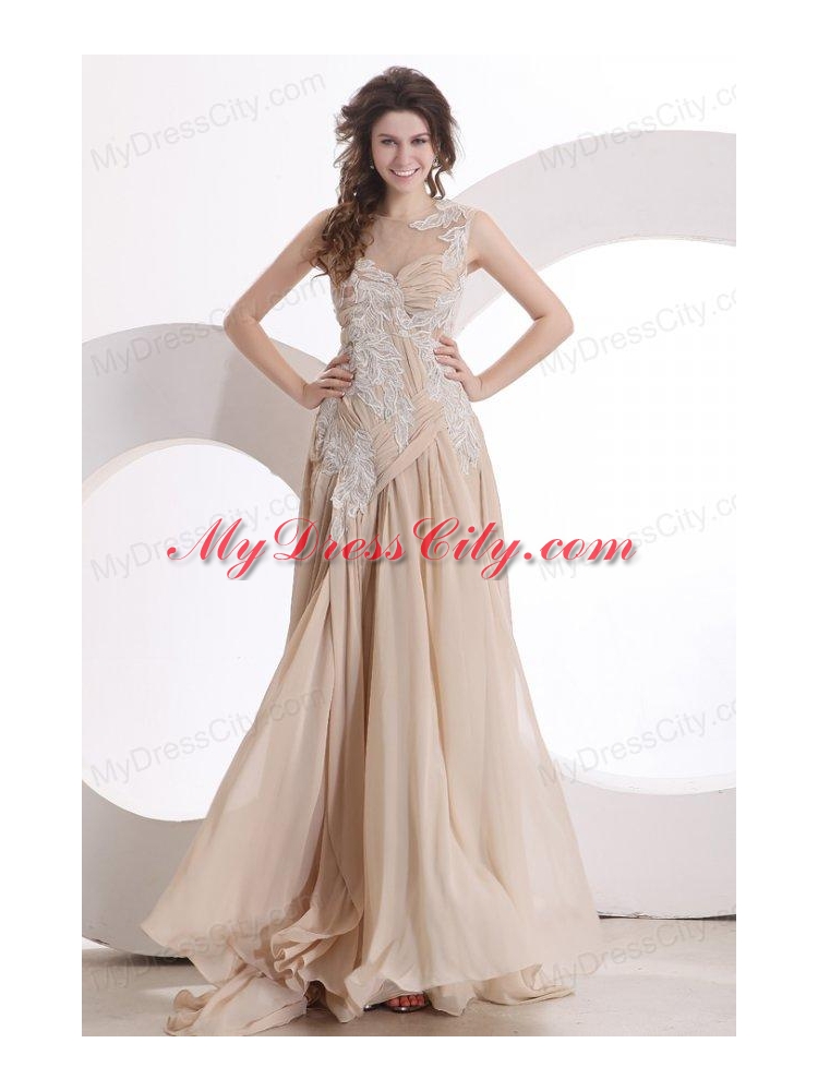 A-line Champagne Scoop Appliques Ruching Wedding Dress