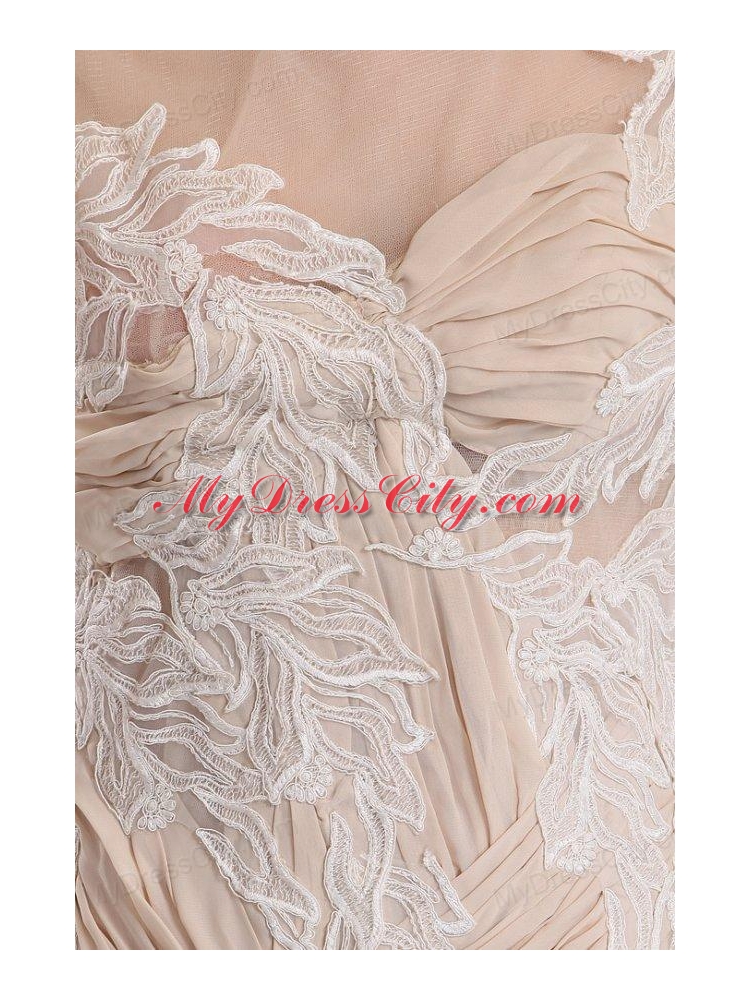 A-line Champagne Scoop Appliques Ruching Wedding Dress