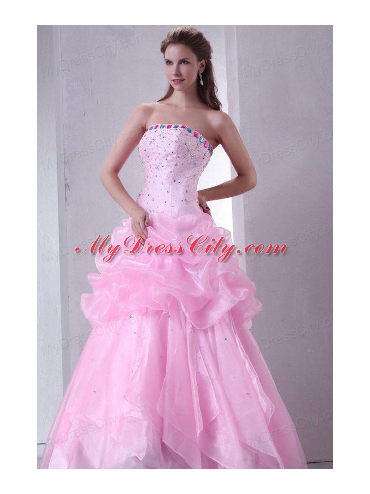 Baby Pink Strapless Beading and Pick-ups Organza Quinceanera Dress