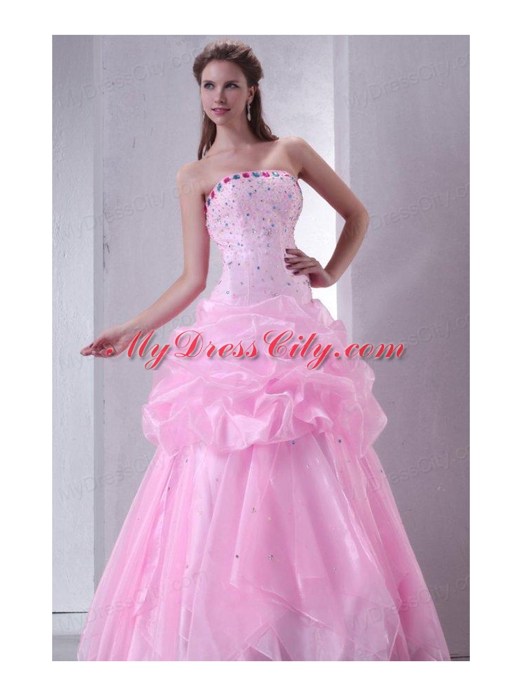 Baby Pink Strapless Beading and Pick-ups Organza Quinceanera Dress