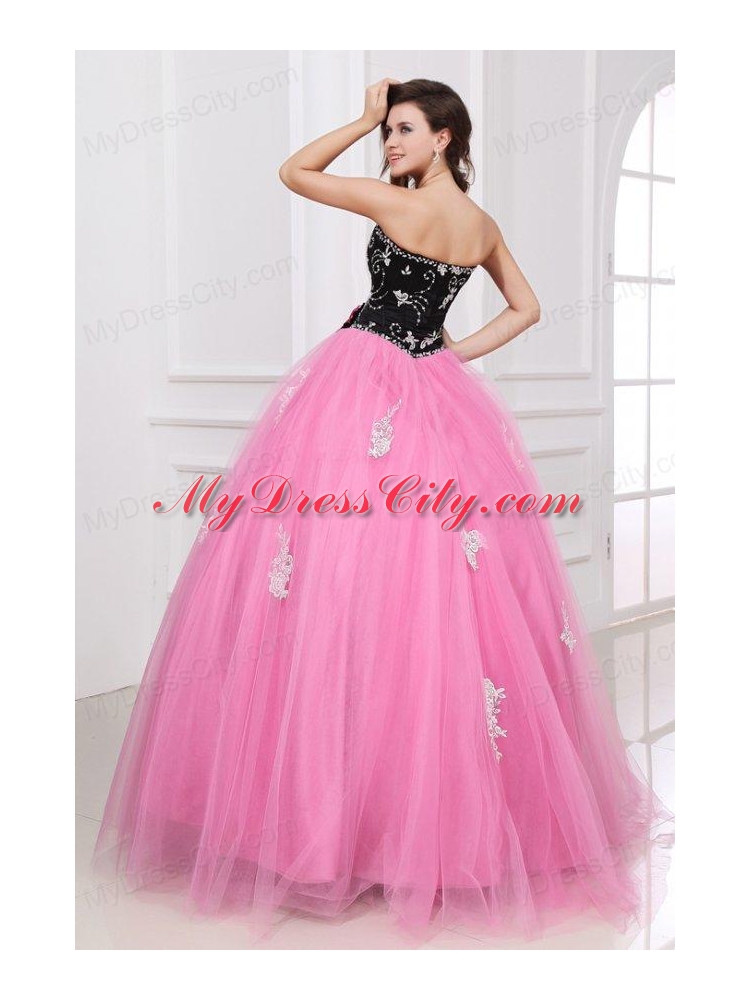 Black and Rose Pink Quinceanera  Dress with Beading and Appliques