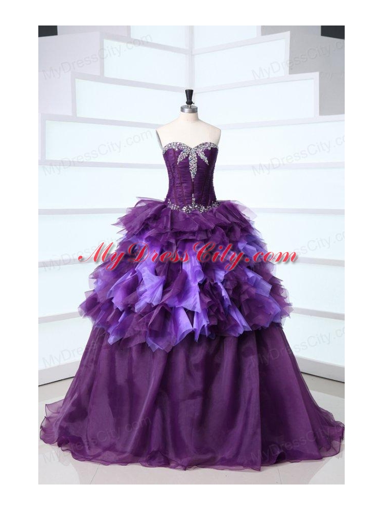 Sweetheart Dark Purple Sweet Train Quinceanera Dress with Beading