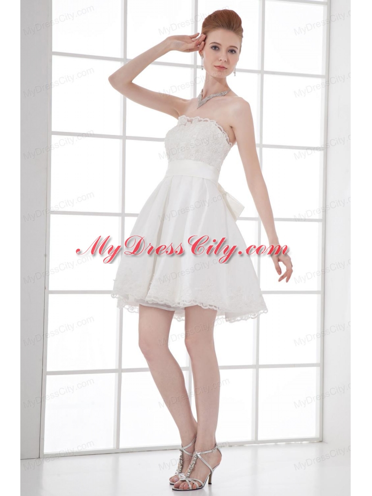 2014 Elegant A-line Strapless Knee-length Lace Belt White Wedding Dress