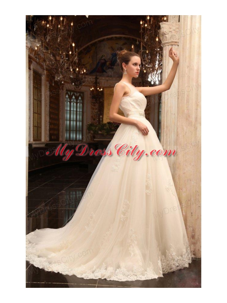 A-Line One Shoulder Chapel Train Appliques Tulle Wedding Dress with Side Zipper