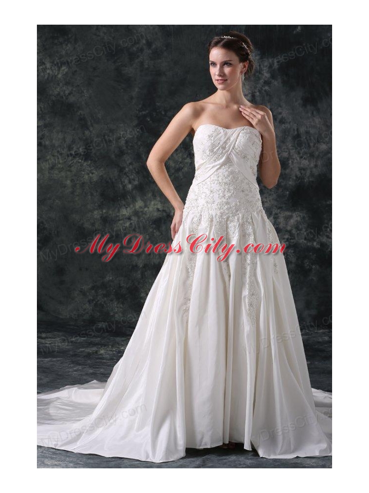 A-Line Strapless Beading Lace Up Taffeta Wedding Dress