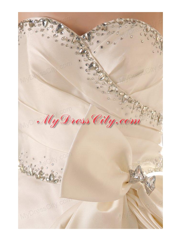 A-line Sweetheart Beading Bow Ruching Chapel Train Wedding Dress