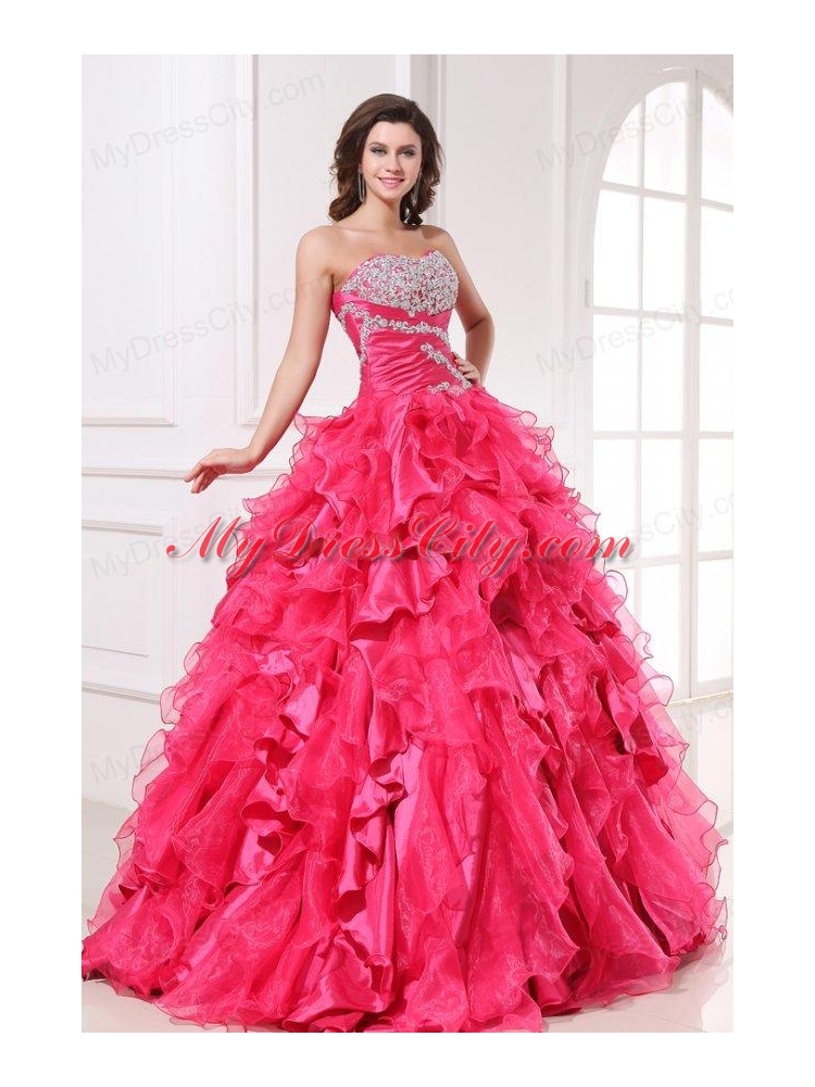 Sweetheart Beading and Ruffles Long Hot Pink Quinceanera  Dress