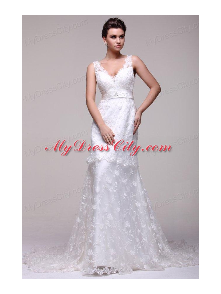 V-neck A-line Lace Court Train Wedding Dress with Beading on Sash