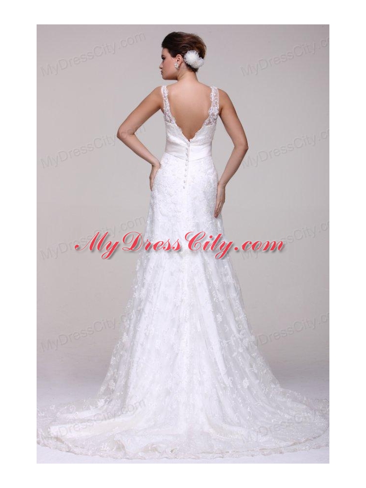 V-neck A-line Lace Court Train Wedding Dress with Beading on Sash