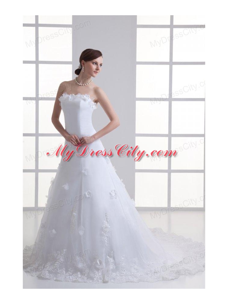 A-line Strapless Appliques Lace Court Train Wedding Dress