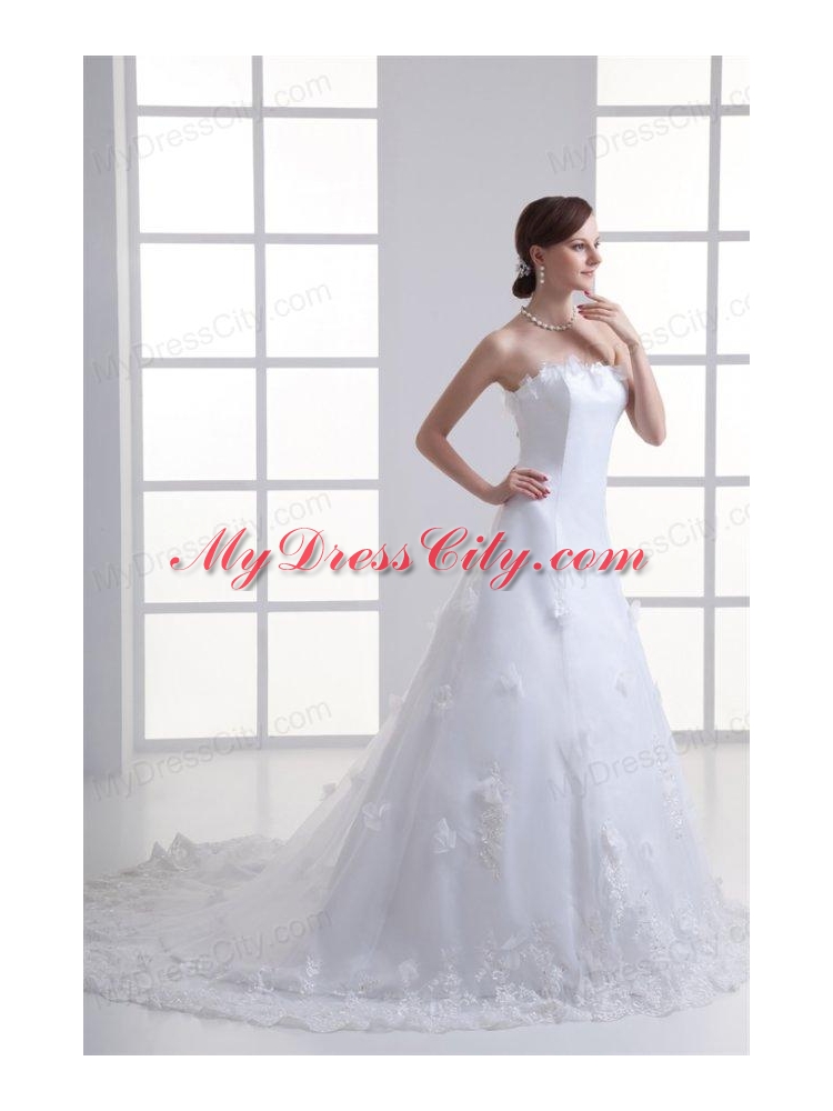 A-line Strapless Appliques Lace Court Train Wedding Dress