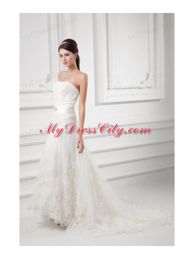 A-line Strapless Beading and Lace Court Train Wedding Dress