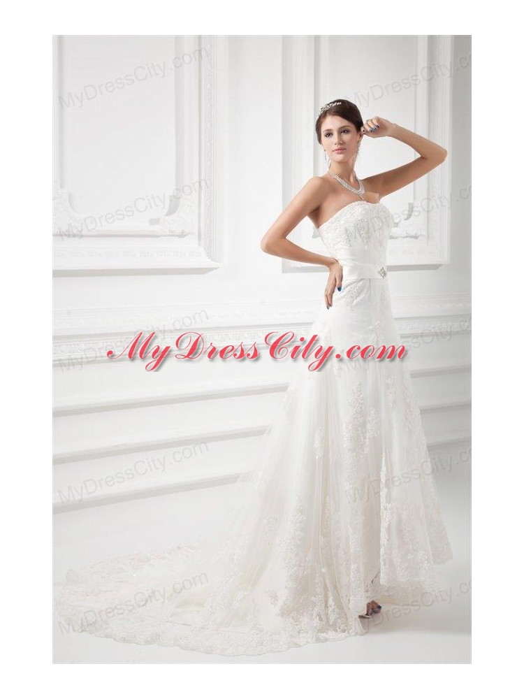A-line Strapless Beading and Lace Court Train Wedding Dress