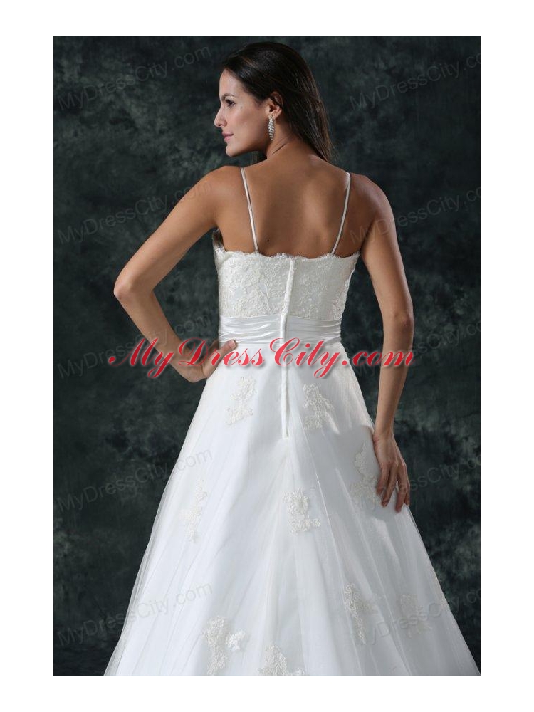 A-Line Straps Appliques Lace Up Tulle Wedding Dress with Court Train