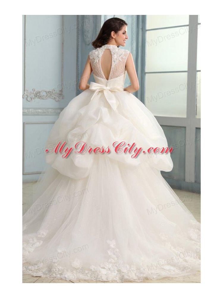 Ball Gown High Neck Beading and Flowers Wedding Dress with Organza