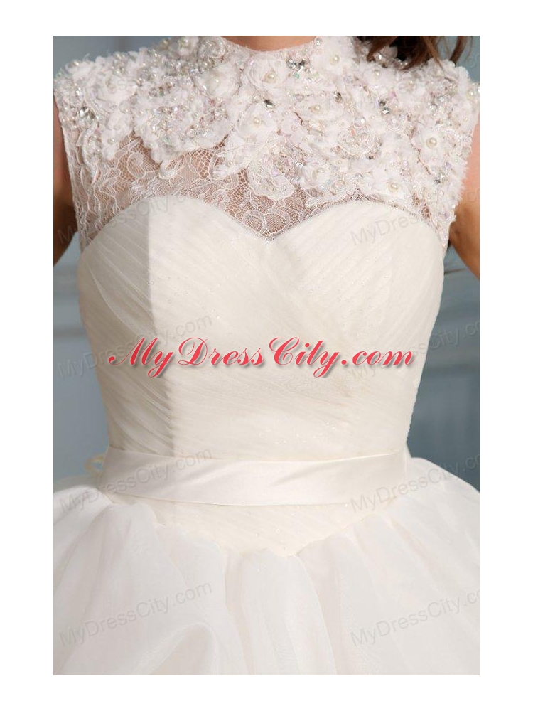 Ball Gown High Neck Beading and Flowers Wedding Dress with Organza