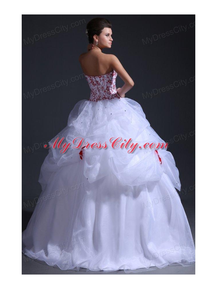 Ball Gown Sweetheart Organza Wedding Dress with Red Embroidery