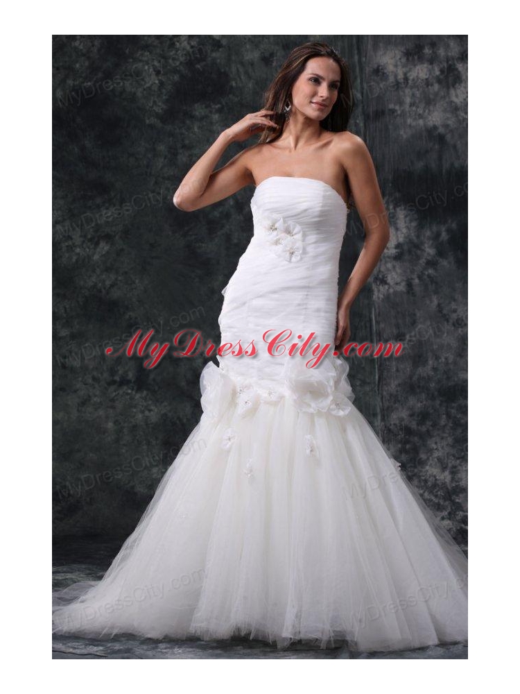 Mermaid Strapless Ruching Lace Up Tulle White Wedding Dress