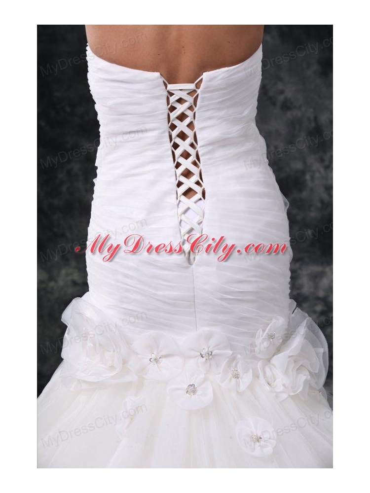 Mermaid Strapless Ruching Lace Up Tulle White Wedding Dress