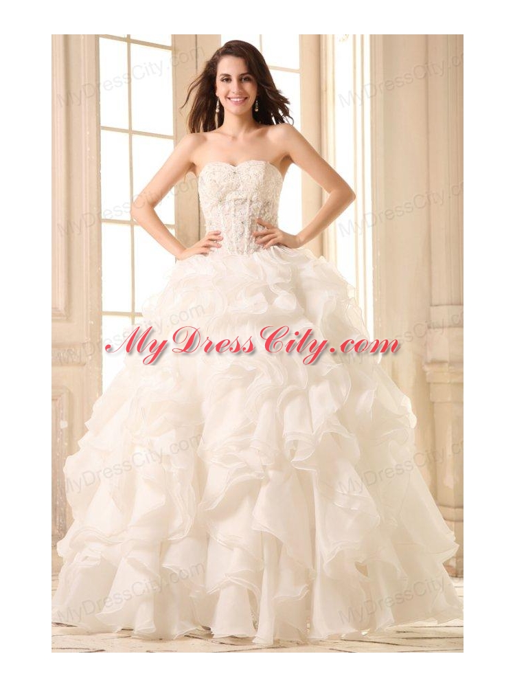 Sweetheart Ball Gown Appliques with Beading and Ruffles Wedding Dress