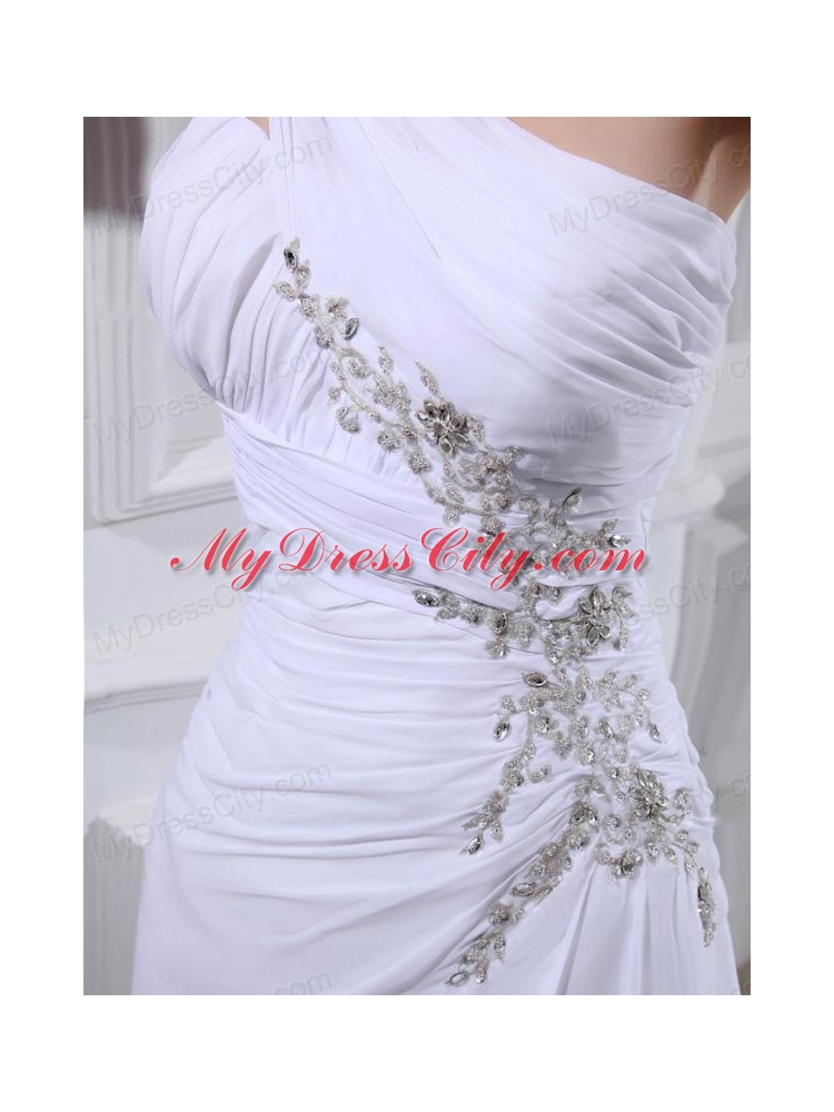 2014 Elegant Coulmn One Shoulder Wedding Dress with Appliques