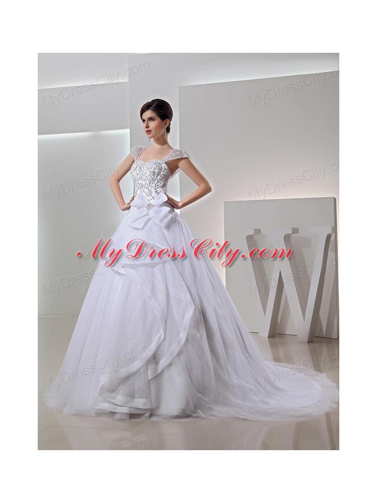 2014 Spring Ball Gown Square Appliques Beading Wedding Dress in White