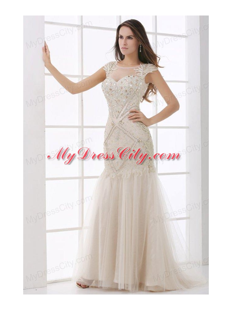 Champagne Scoop Cap Sleeves Beading Brush Train Wedding Dress