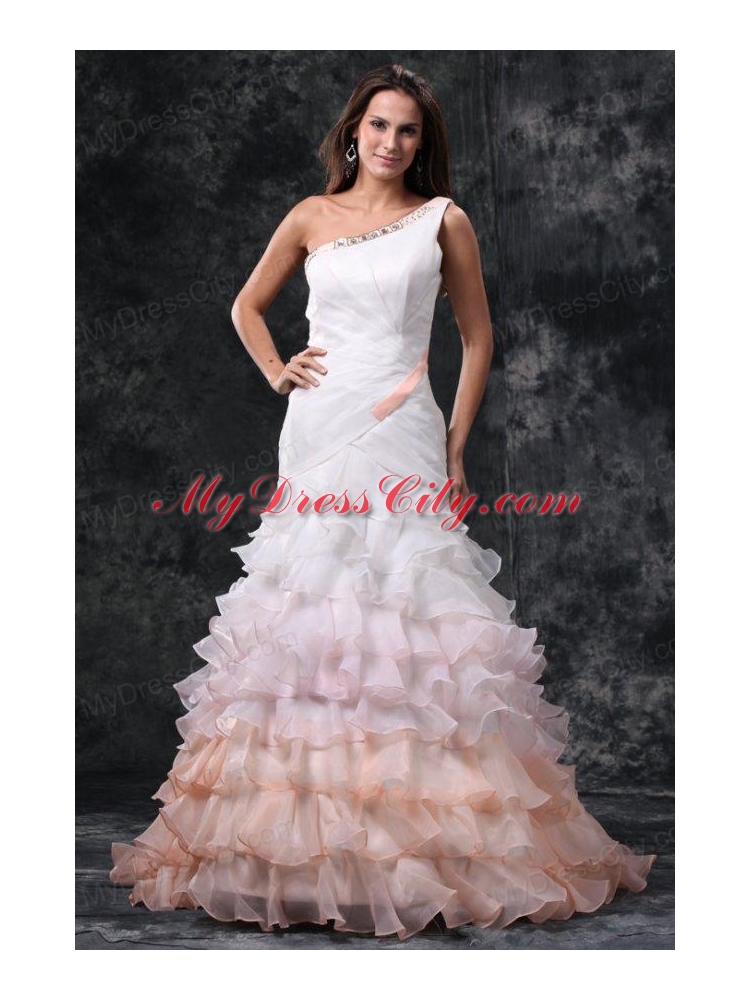 Elegant One Shoulder A-Line Ruffles Brush Train Organza Wedding Dress