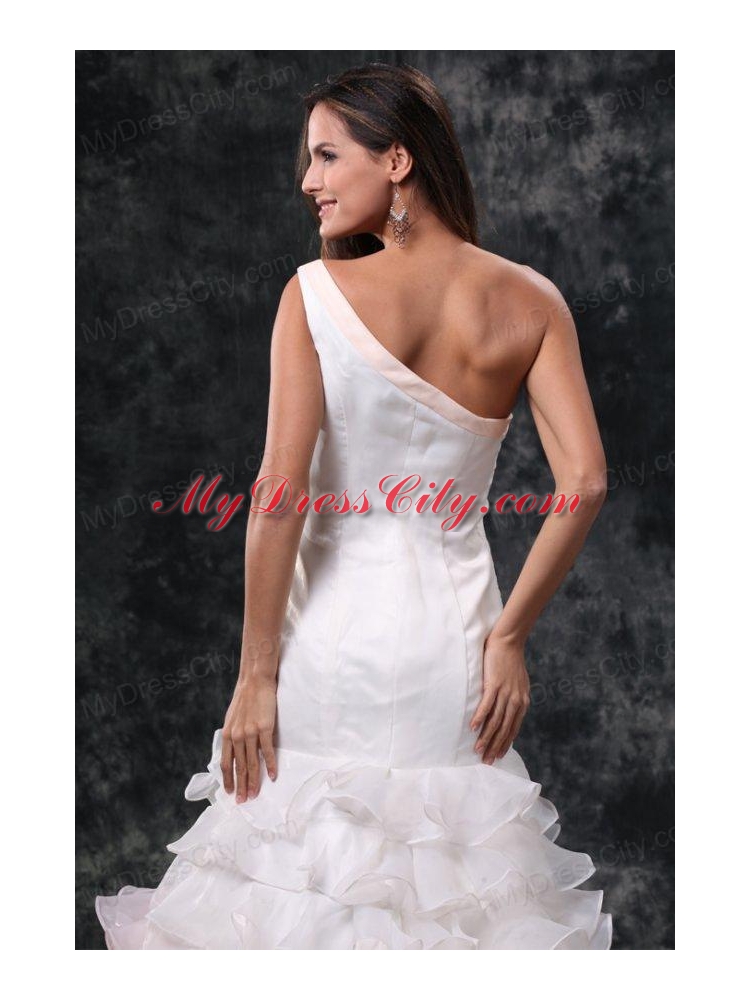 Elegant One Shoulder A-Line Ruffles Brush Train Organza Wedding Dress