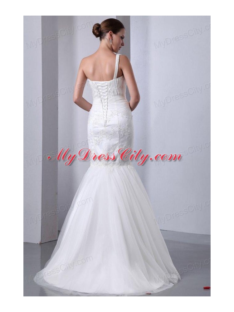 Mermaid One Shoulder Appliques Brush Train Lace Up Tulle Wedding Dress