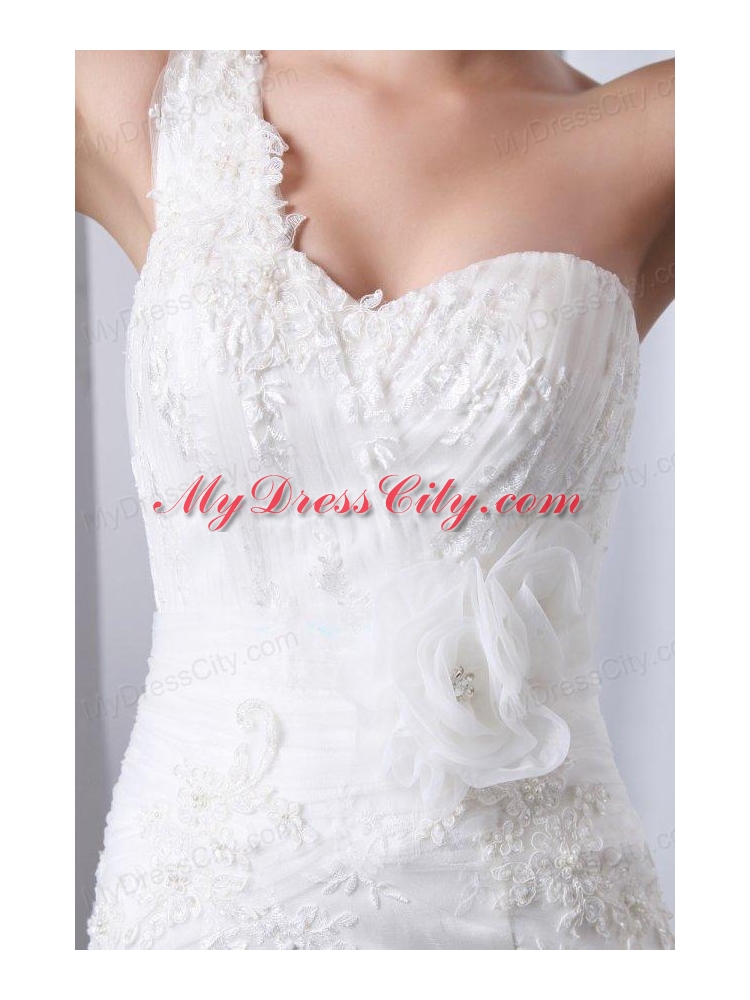 Mermaid One Shoulder Appliques Brush Train Lace Up Tulle Wedding Dress