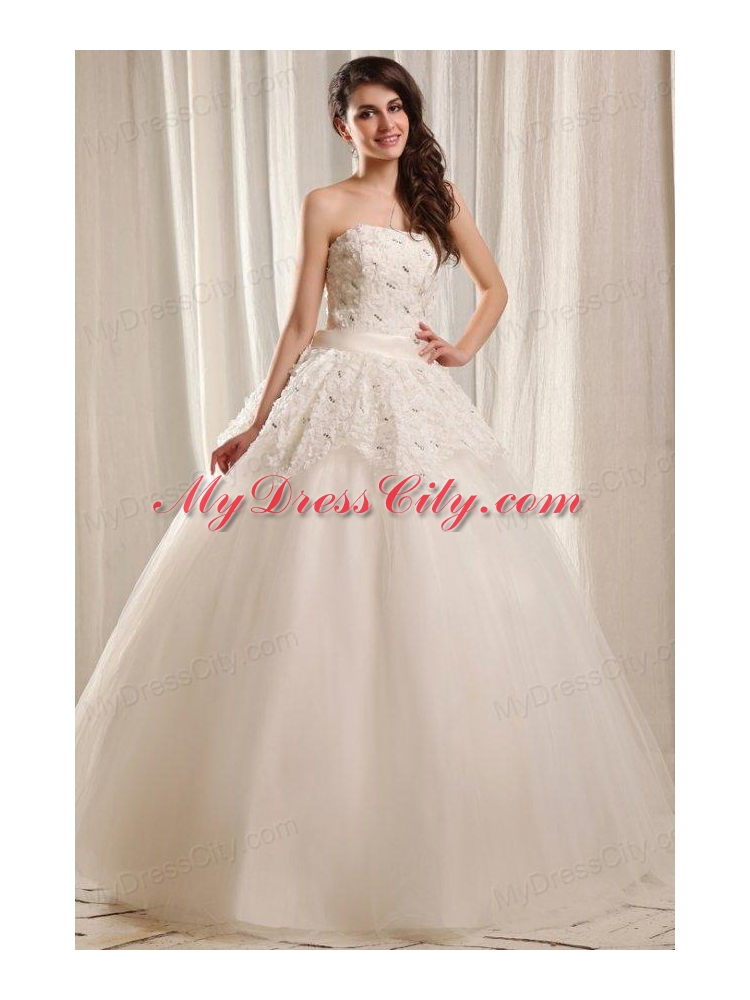 Strapless Ball Gown Floor-length Wedding Dress with Beading and Flowers