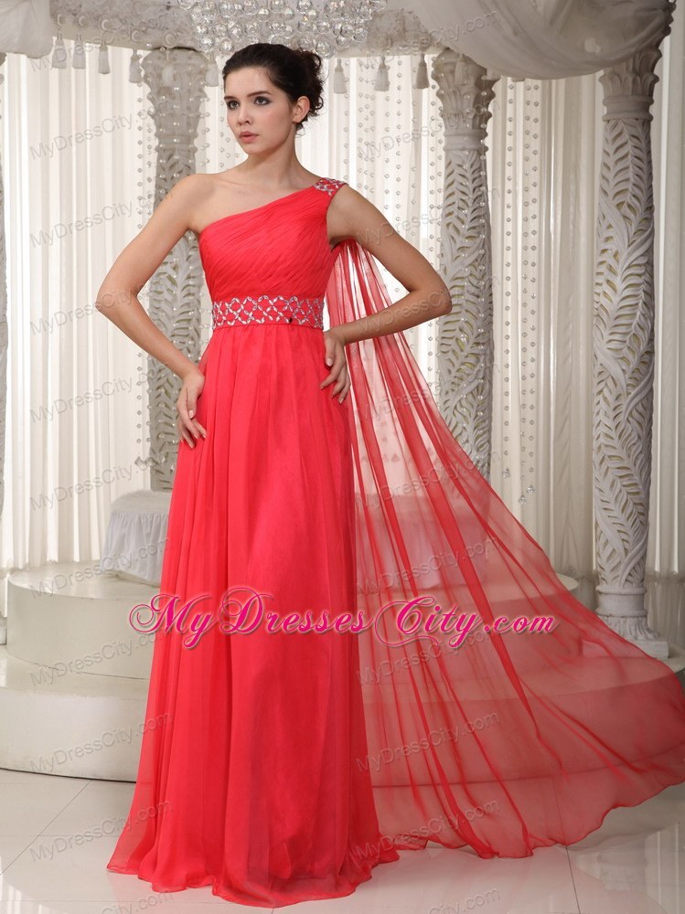 One Shoulder Beaded Watteau Train Chiffon Coral Red Prom Evening Dresses