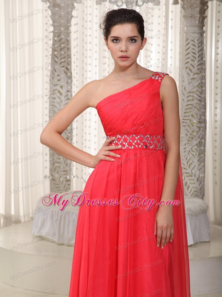One Shoulder Beaded Watteau Train Chiffon Coral Red Prom Evening Dresses