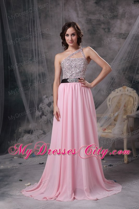 Empire Chiffon Brush Train Baby Pink Prom Evening Dresses with Cool Neckline