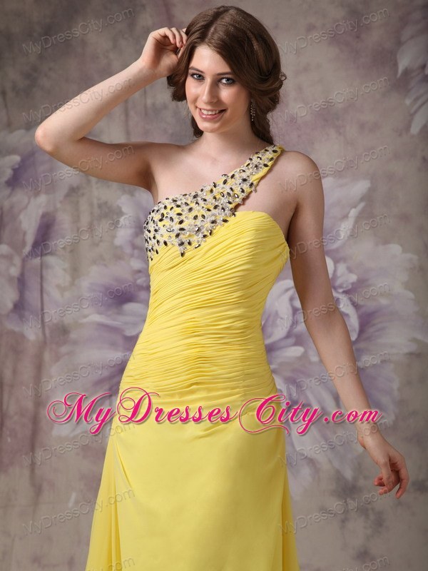 Ruching One Shoulder Appliques with Beading for Yellow Formal Evening Dress