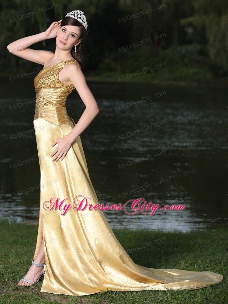 Gold High Slit Beaded One Shoulder Plus Size Prom Evening Gowns