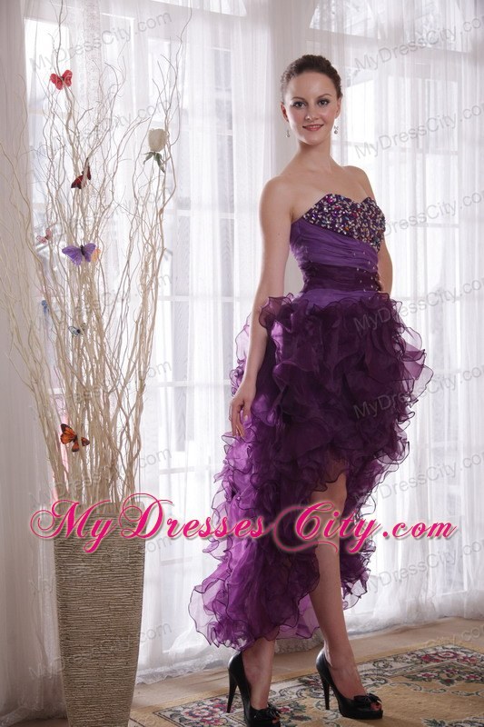 Organza Ruffles Sweetheart Beaded Purple High-low Evening Cocktail Dress