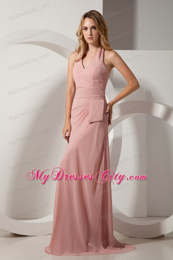Light Pink Halter Ruches Prom Evening Dresses with Ruches Chiffon