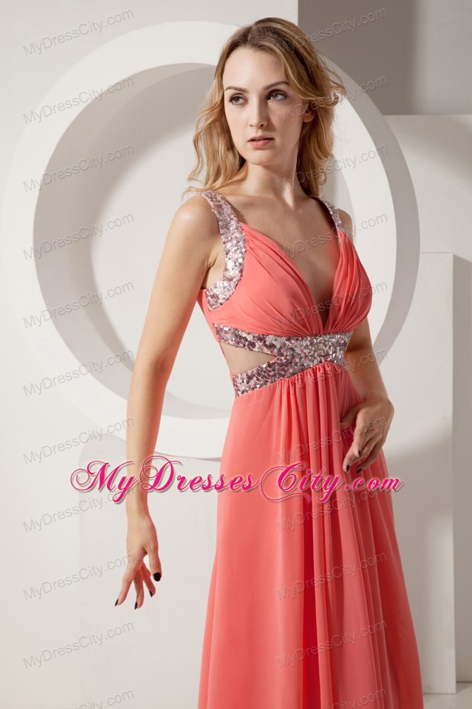 Rust Red Empire V-neck Long Sequins Chiffon Evening Formal Gowns
