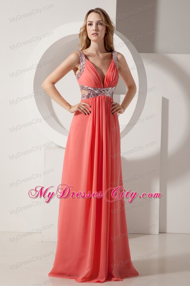 Rust Red Empire V-neck Long Sequins Chiffon Evening Formal Gowns
