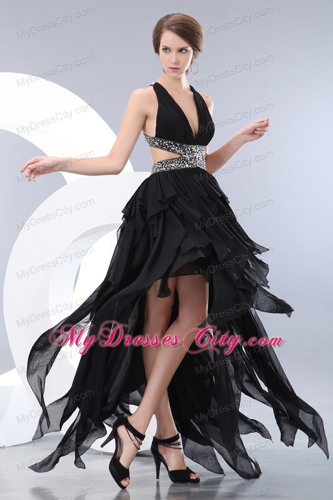 Black V-neck High-low Evening Dress with Side Cut Out Backless Beading