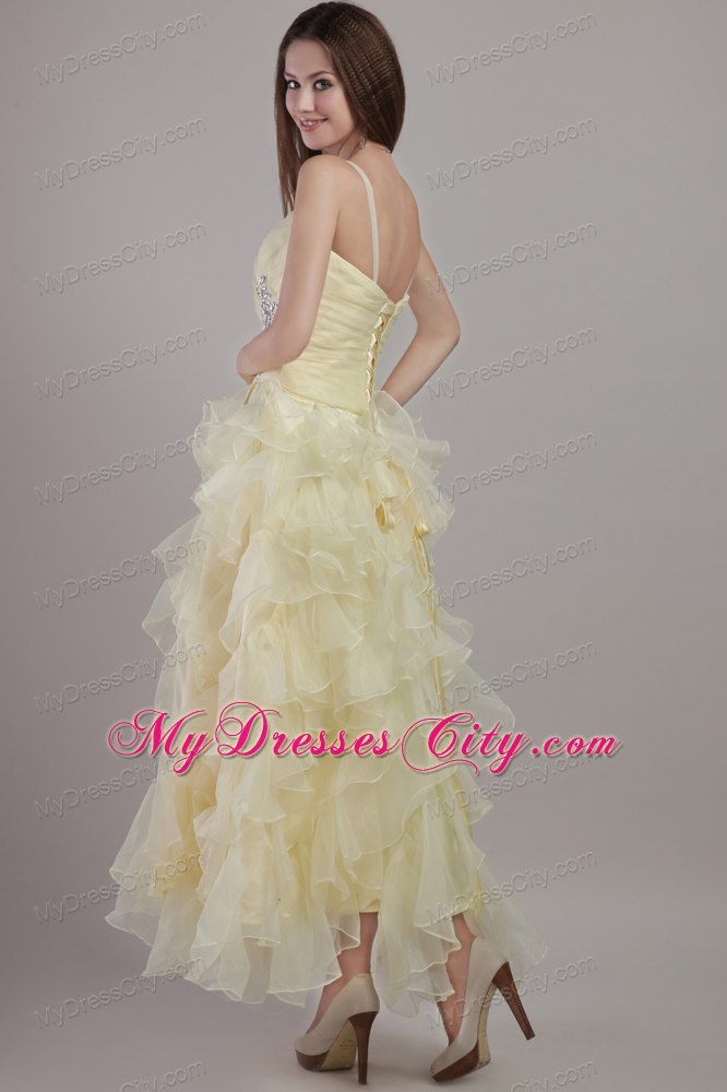 Light Yellow Spaghetti Straps Ruffles Beading 2013 Prom Evening Dress