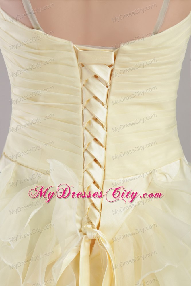 Light Yellow Spaghetti Straps Ruffles Beading 2013 Prom Evening Dress