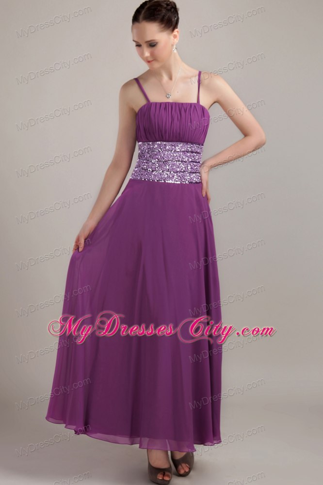 Purple Spaghetti Strap Ankle-length Chiffon Ruches Evening Dresses