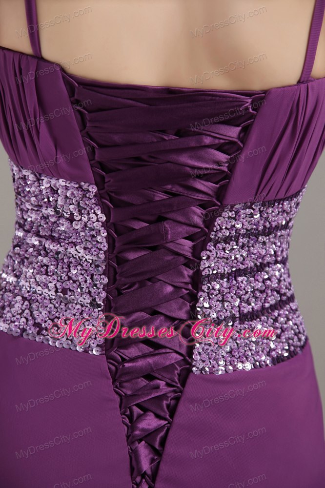 Purple Spaghetti Strap Ankle-length Chiffon Ruches Evening Dresses