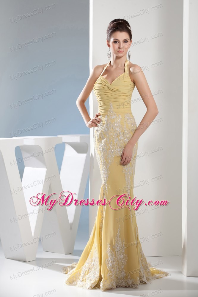 Yellow Mermaid Halter Appliques Ruches Prom Evening Dresses
